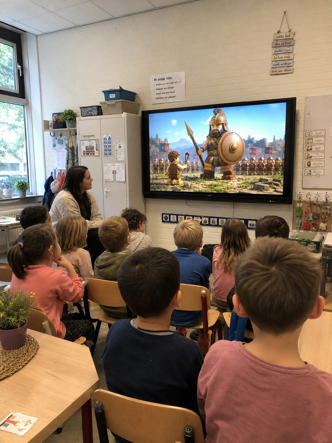 Kinderen kijken naar Bijbelverhaal met hun favoriete figuren